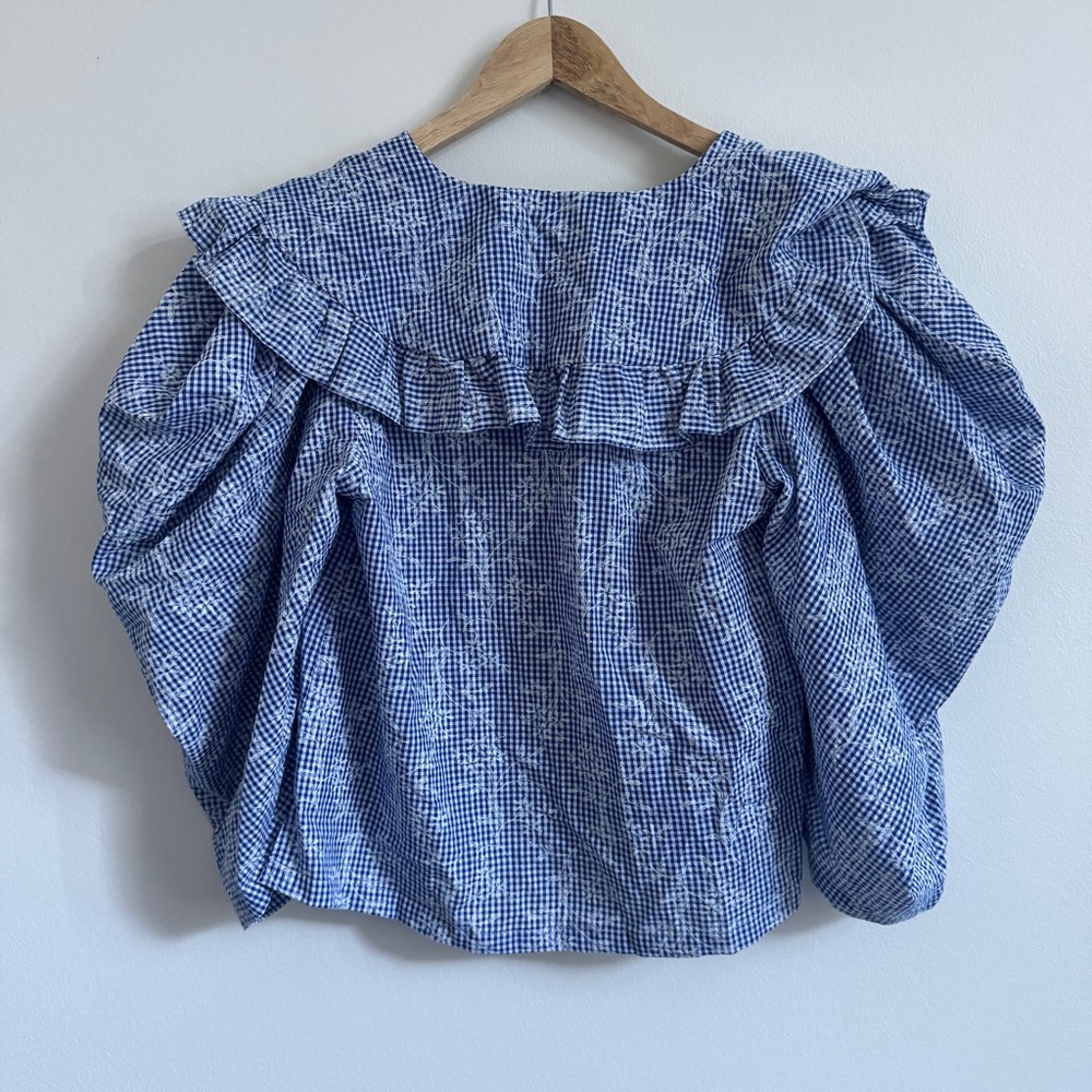 NEW Gigio Gingham Floral Puff Sleeve Top size small blue ruffle boho NWT blouse - Picture 6 of 6